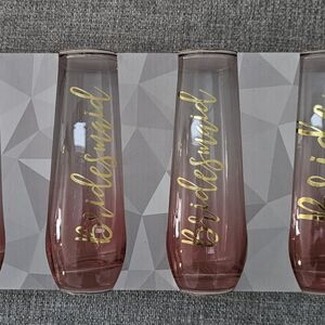 Pink Glass Bride And Bridesmaid Champagne Flutes with Gold Lettering